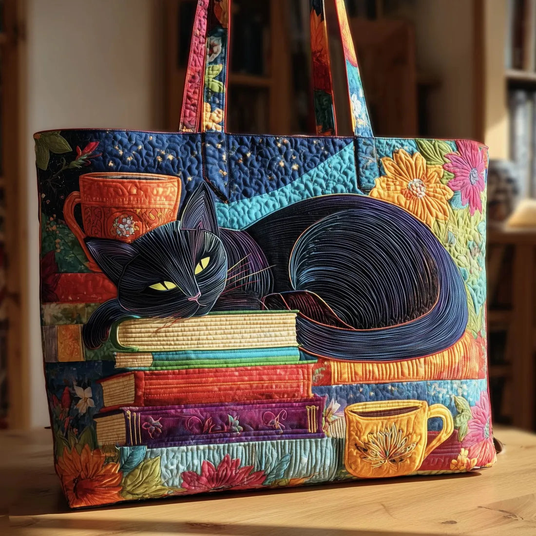 Ambachtelijke Tas - Zwarte Kat met Boeken en Kopjes