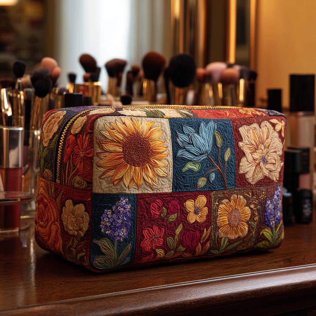 Floral Patch Quilted Makeup Bag