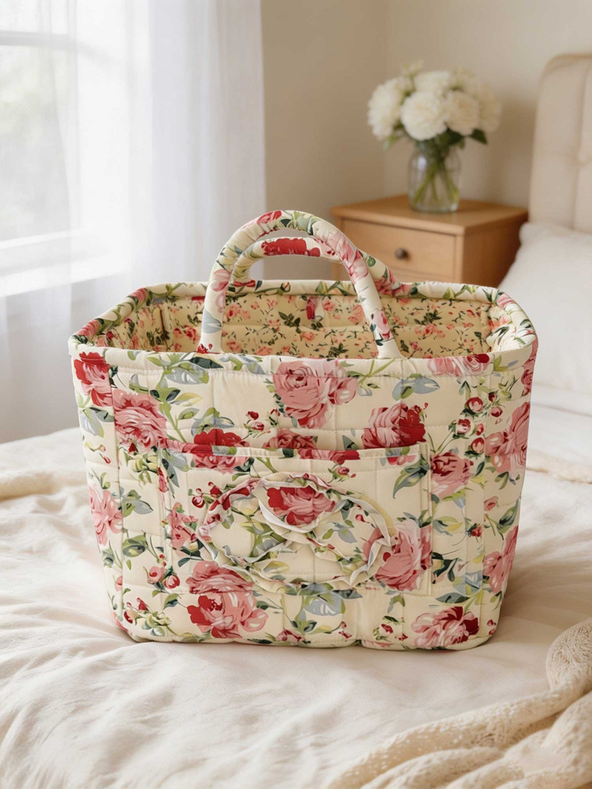 Quilted Floral Storage Carry Laundry Basket