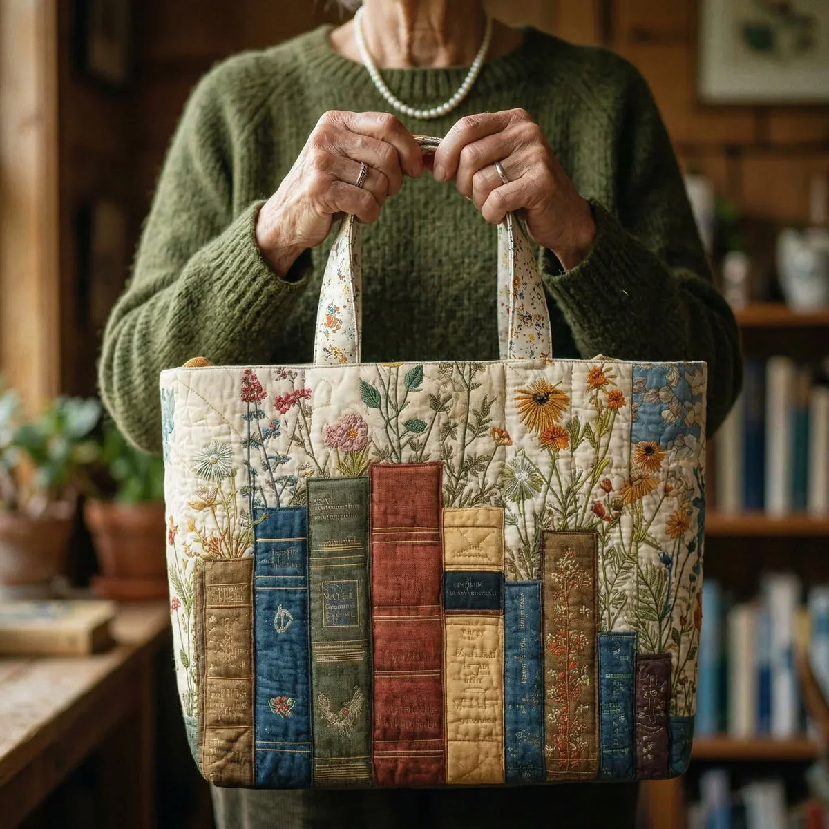 Gewatteerde Ambachtelijke Tas - Boeken en Bloemen