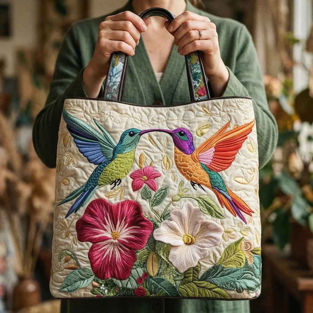 Gewatteerde Tas - Kolibrie en Witte Bloemen
